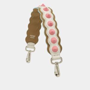 Fendi White/Pink Scalloped Leather Spike Studded Shoulder Strap