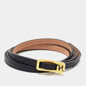 Pre Owned Fendi Black Leather Wrap Logo Bracelet