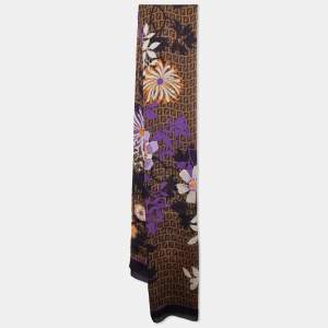 Fendi Brown Logo Monogram Floral Printed Silk Scarf