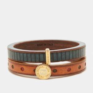 Fendi Selleria Multicolor Leather & Wood Bangles Set of 2
