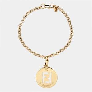 Pre Owned Fendi FF Identification Charm Gold Tone Chain Link Bracelet