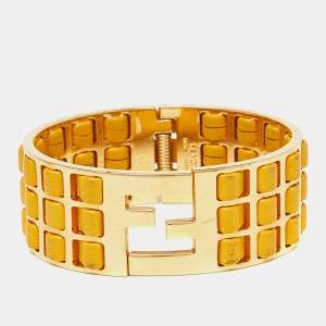 Fendi Fendista Yellow Leather Braided Gold Tone Cuff Bracelet