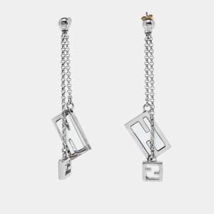 Pre Owned Fendi Silver Tone Chain Detail Logo Drop Earrings