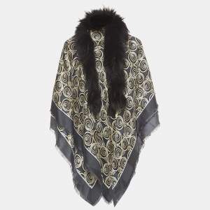 Fendi Dark Grey Touch of Fur Printed Silk & Wool Scarf