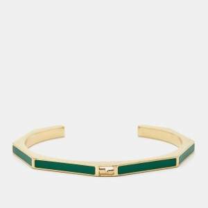 Fendi Baguette Enamel Gold Tone Open Cuff Bracelet S