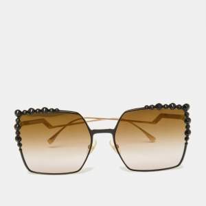 Pre Owned Fendi Gold Tone/Brown Pink Ombré FF0259/S Studded Geometric Sunglasses