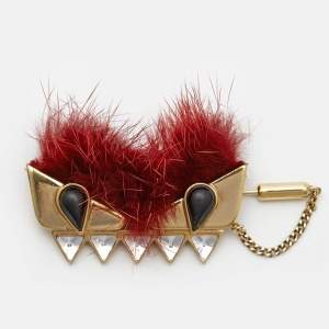 Fendi Wonders Burgundy Fur Embellished Gold Tone Monster Pin Brooch