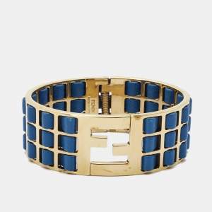 Pre Owned Fendi Fendista Woven Leather Gold Tone Bracelet M