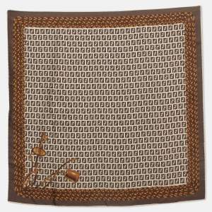 Pre Owned Fendi Brown Zucca Print Silk Square Scarf