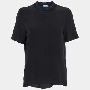 Pre Owned Fendi Black Logo Ribbed Neck Silk T-Shirt XS