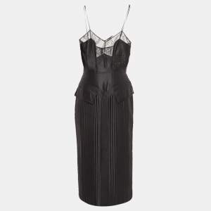 Fendi Black Quilted Silk Lace Trimmed Midi Dress M