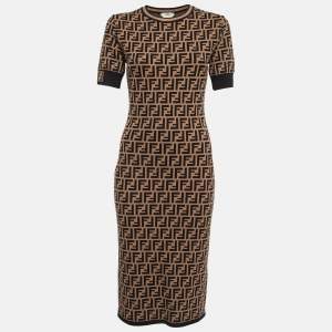 Pre Owned Fendi Brown Zucca Jacquard Knit Fitted Midi Dress S