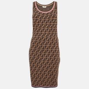 Pre Owned Fendi Brown Zucca Patterned Knit Sleeveless Bodycon Dress M