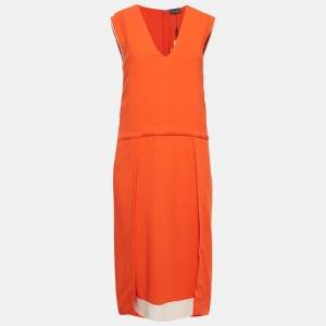 Fendi Orange Crepe V-Neck Pleated Midi Dress S