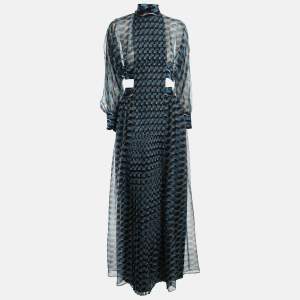 Pre Owned Fendi Blue Printed Silk Cut-Out Maxi Dress M