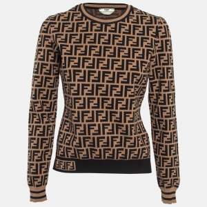 Pre Owned Fendi Brown Zucca Patterned Knit Sweatshirt M