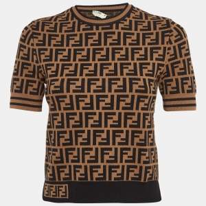 Fendi Brown Zucca Jacquard Knit Crew Neck Top S