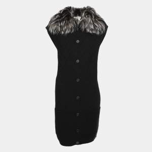 Fendi Black Tonal Chevron Patterned Cashmere Fox Fur Trim Cardigan L