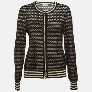 Pre Owned Fendi Black/Beige Silk Patterned Knit Cardigan M
