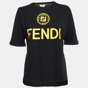 Pre Owned Fendi Black Logo Printed Jersey Embellished High-Low T-Shirt M