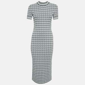 Pre Owned Fendi White/Black Zucca Jacquard Knit Bodycon Midi Dress S