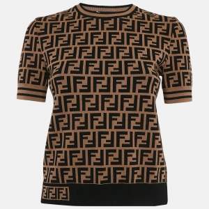 Pre Owned Fendi Brown Zucca Monogram Knit Short Sleeve Pullover S   