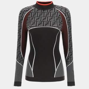 Pre Owned Fendi Black FF Zucca Pattern Jersey High Neck Top M
