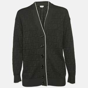 Fendi Black Zucca Jacquard Stretch Knit Button Front Cardigan M