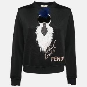 Fendi Black Karlito Fur Trim Stretch Knit Sweatshirt S