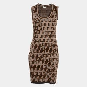 Fendi Brown Zucca Jacquard Knit Sleeveless Bodycon Dress S