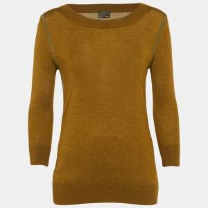 Fendi Olive Green Silk Trim Cashmere Knit Long Sleeve Jumper S