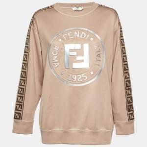 Fendi Beige Logo Embossed Jersey Crew Neck Sweatshirt S