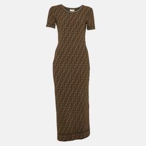 Pre Owned Fendi Brown Zucca Monogram Stretch Mesh Fitted Midi Dress S