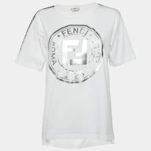 Pre Owned Fendi White Embossed Logo Print Cotton Crew Neck T-Shirt S
