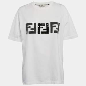 Pre Owned Fendi White Embellished Logo Cotton Oversized T-Shirt L