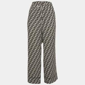 Pre Owned Fendi Black/White Zucca Logo Print Silk Pants M