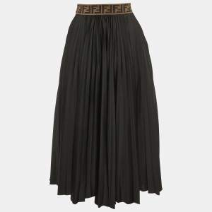 Fendi Black Jersey Logo Waist Band Pleated Midi Skirt S