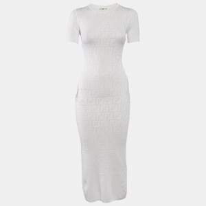 Pre Owned Fendi White FF Monogram Jacquard Knit Midi Sheath Dress XS