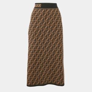 Pre Owned Fendi Brown FF Zucca Jacquard Knit Midi Skirt L