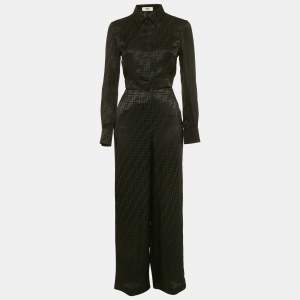 Fendi Black Zucca Jacquard Silk Pajama Top & Pants Set S
