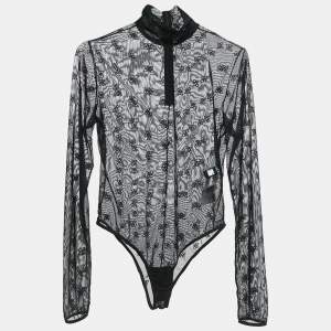 Fendi Black FF Karligraphy Stretch Tulle Sheer Bodysuit S
