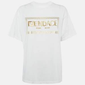 Pre Owned Fendi White Logo Embellished Cotton Crew Neck T-Shirt M