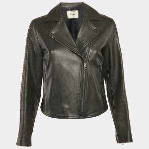 Fendi Black Zucca Side Tape Leather Zip-Up Jacket S