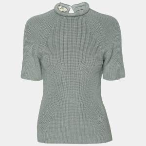 Fendi Mint Blue Knit High Neck Half Sleeve T-Shirt M