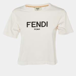 Pre Owned Fendi Pink Logo Embroidered Jersey Crop T-Shirt S