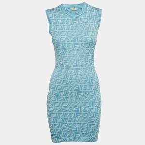 Pre Owned Fendi Blue/White Zucca Jacquard Knit Bodycon Midi Dress S