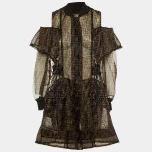 Fendi Brown Zucca Monogram Organza Sheer Cold Shoulder Coat S