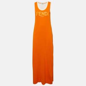 Fendi Orange Logo Print Knit Mesh Panel Detail Sleeveless Long Dress S