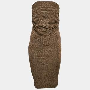 Fendi Brown Monogram Jacquard Knit Ruched Midi Dress S