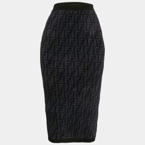 Fendi Navy Blue Zucca Stretch Velvet Pencil Skirt S